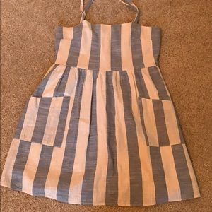 blue and tan/white striped dress